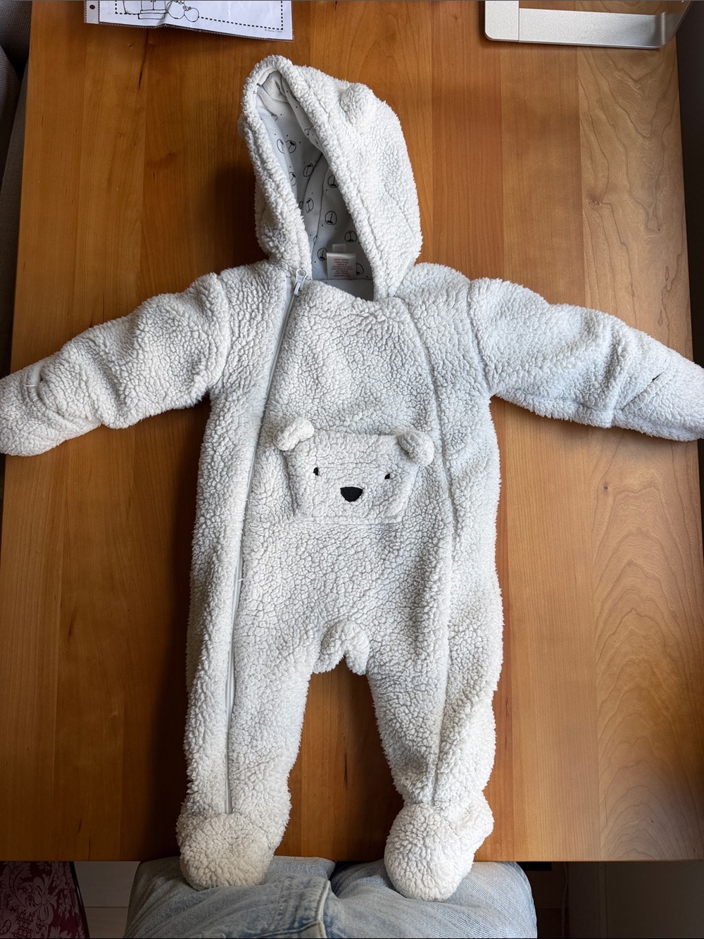 Baby Sherpa Footed One-Piece in Ivory with Bear Face